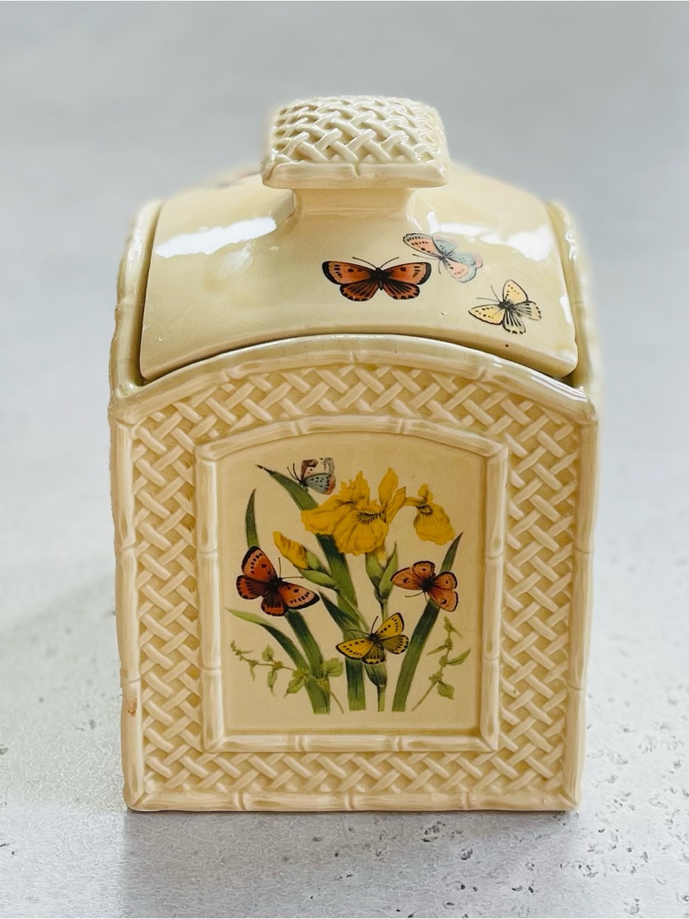 Vintage Enesco Butterfly Garden Trellis Ceramic Canister 70s 1978 Japan